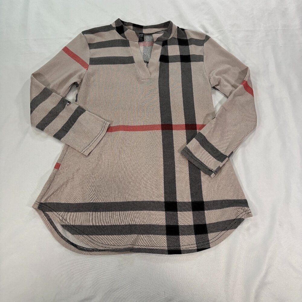 Tan Plaid Button Adjustable Sleeve Tunic Blouse Size S-M           Lot O